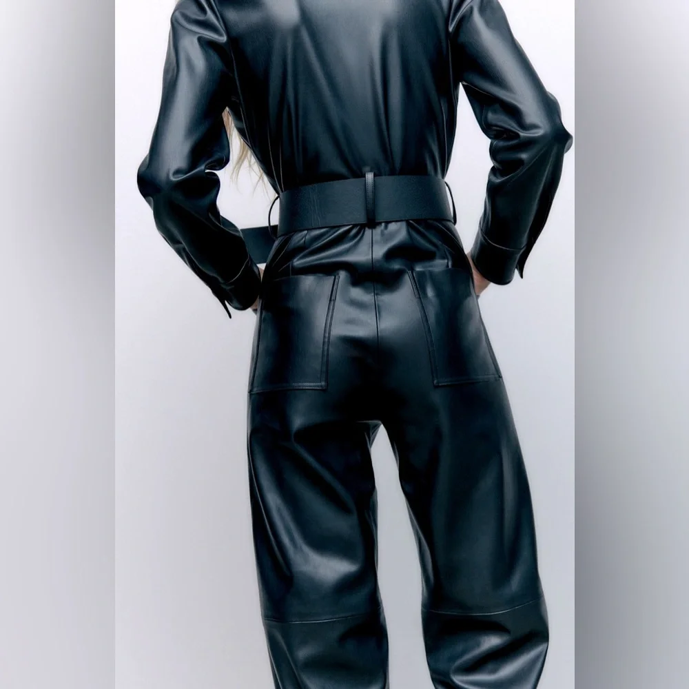 Zara FAUX LEATHER JUMPSUIT V-neck Long Sleeves Front & Back Patch Pockets NEW - Picture 6 of 10